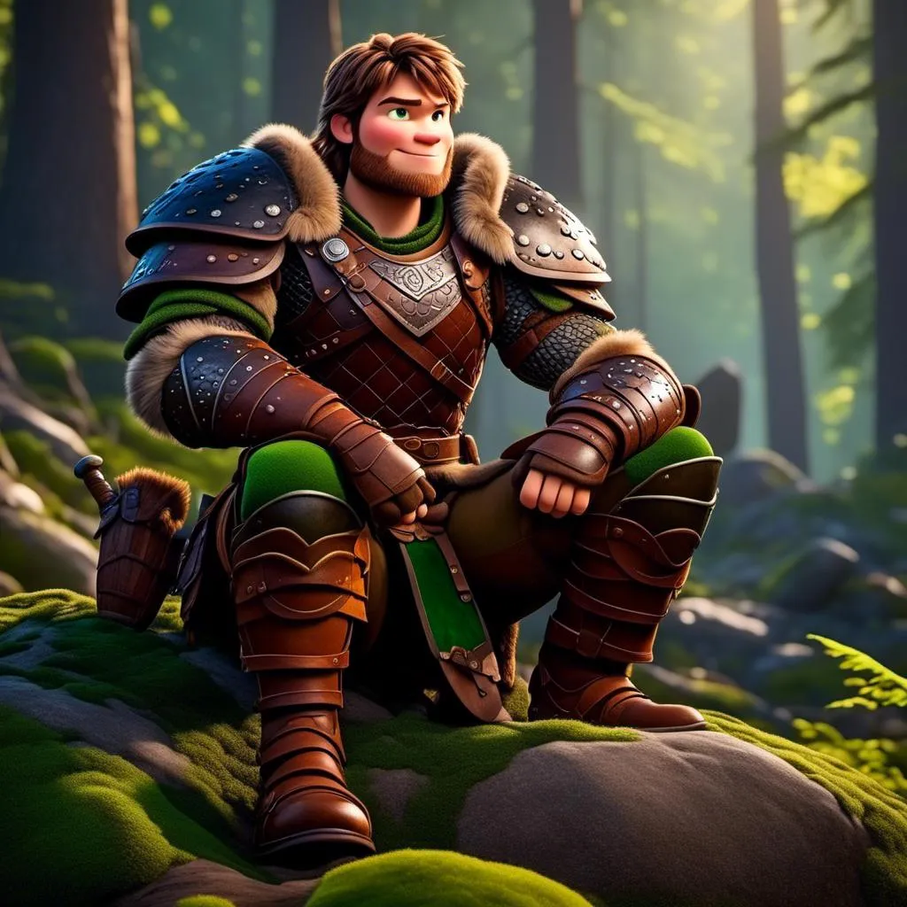 Prompt: <mymodel>Male viking warrior, thin and light muscle build, sitting on a boulder in the forest, there is a large green dragon next to him, short brown hair, green eyes, green armor, brown gear, brown pants, brown boots, historical, strong and natural lighting