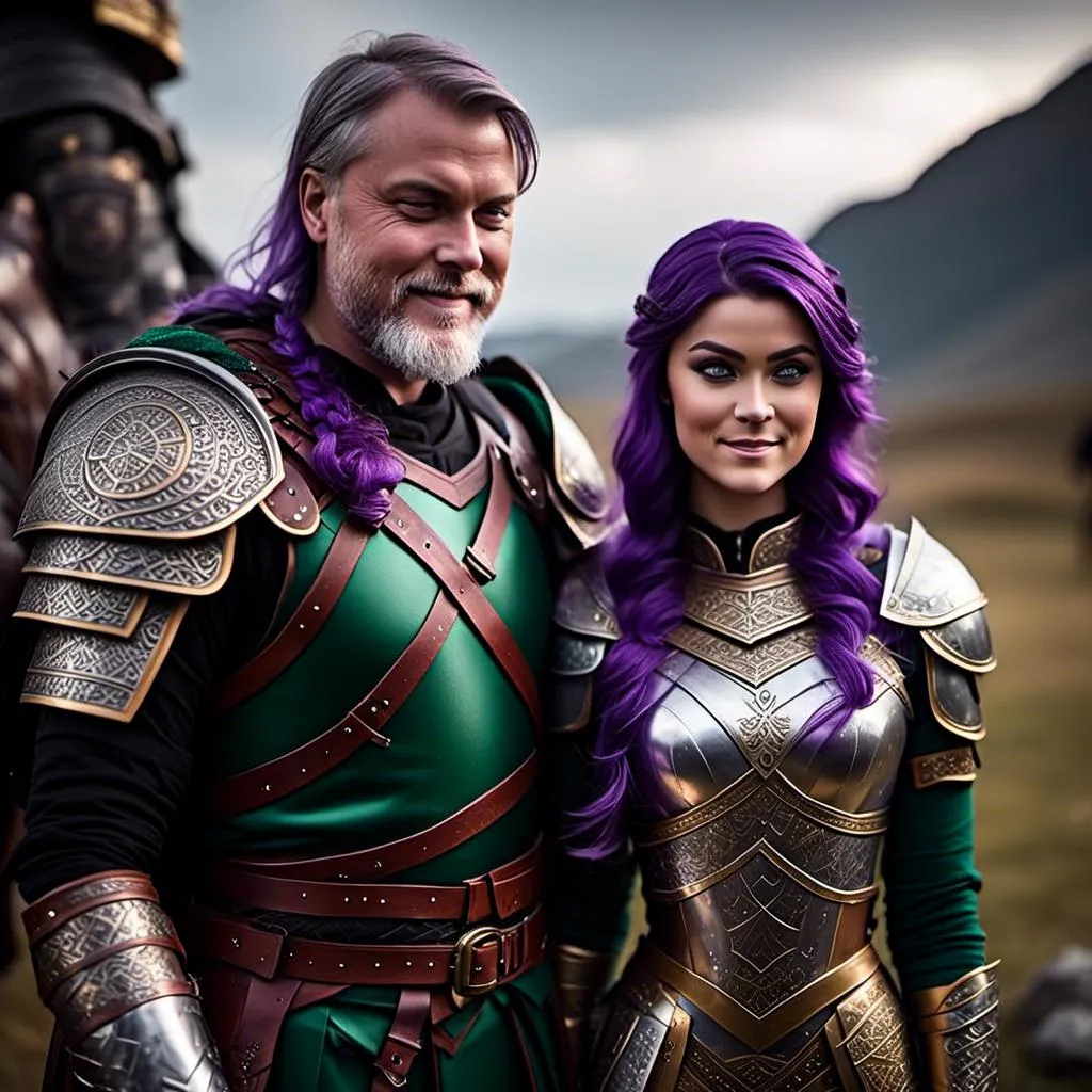 Prompt: Photo of <mymodel> standing next to her husband Jarl Mollerson who has green gear and silver armor