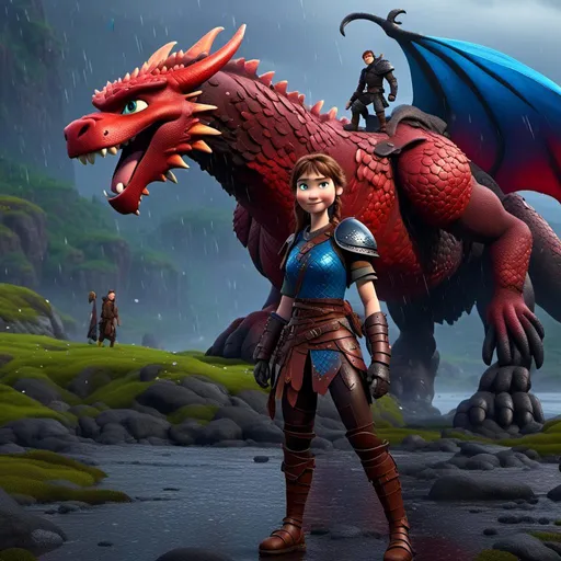 Prompt: <mymodel>CGi Animation, 20-year-old viking woman with blue eyes, a rainy scene, she is standing next to a bright red dragon with blue highlights, they are both in the rain, the viking woman has a subtle smile, brown hair with two pigtail braids, she has red gear, blue armor, black pants, black boots