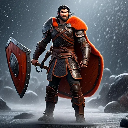 Prompt: <mymodel>Animated CGI style of a fierce Viking male about 25 years old, black hair, detailed facial features, leather armor {{((red))}} and orange armor, battle axe and shield, standing in the rain, intense and determined expression, dynamic and powerful pose, CGI, fierce male, Nordic designs, battle-ready, dynamic pose, professional lighting