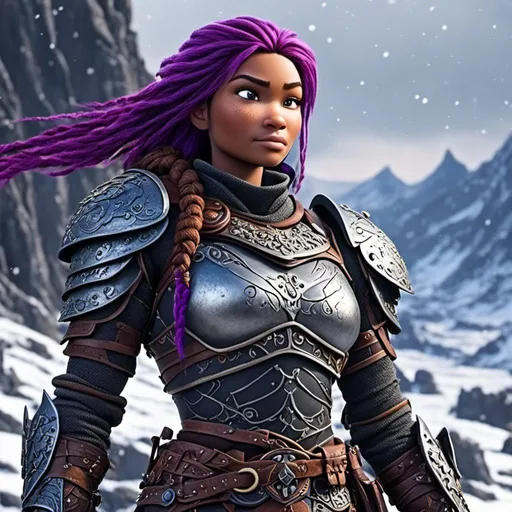 Prompt: <mymodel>animated CGI style, caucasian white, purple hair, viking female warrior, detailed braided hair and battle scars, rugged and weathered armor, intense and determined gaze, snowy and rugged landscape, fierce, warrior, detailed hair, battle scars, snowy landscape, intense gaze, weathered armor, dramatic lighting