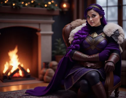 Prompt: @pPnVxWGy97w3Vtk0Z9dB Cozy scene at a home viking home, she has purple hair, black gear, gold armor, sitting in an elegant chair by a crackling fire, warm flickering light illuminating the room, soft textures of blankets and cushions, inviting atmosphere, shadows dancing along the walls, living room decor adding warmth and personality, ultra-detailed and high-definition, capturing the peaceful ambiance of a winter evening.