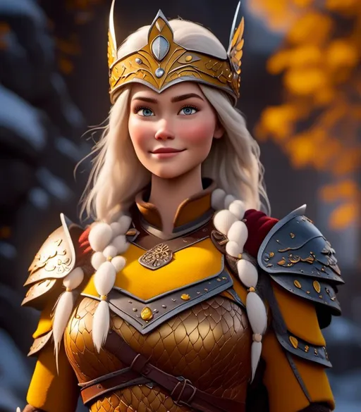 Prompt: <mymodel>CGI Animation, digital art, 20-year-old-old viking woman with light blue eyes, yellow clothes, gold colored armor, white hair, straight hair with a tiara and a mask on her eyes, subtle smile, unreal engine 8k octane, 3d lighting, close up camera shot on the face, full armor