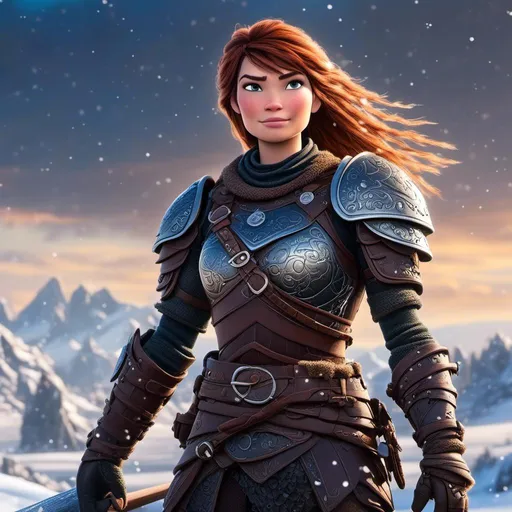 Prompt: <mymodel>animated CGI style, viking female warrior, detailed braided hair and battle scars, rugged and weathered armor, intense and determined gaze, snowy and rugged landscape, fierce, warrior, detailed hair, battle scars, snowy landscape, intense gaze, weathered armor, dramatic lighting