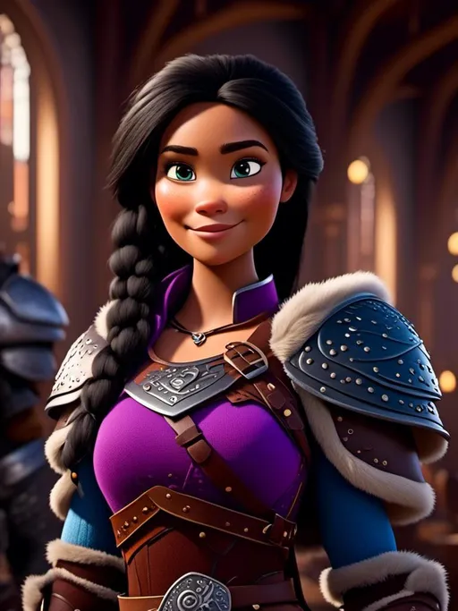 Prompt: <mymodel>CGI Animation, digital art, 20-year-old-old viking woman of royalty standing in The Great Hall on the Isle of Berk, light blue eyes, {{black gear, purple armor}}, black hair, single braid down her shoulder with a tiara, subtle smile, unreal engine 8k octane, 3d lighting, close up camera shot on the face, full armor