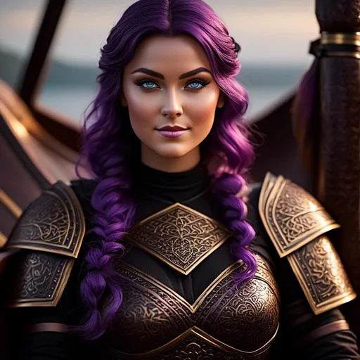 Prompt: <mymodel>25-year-old viking woman, subtle smile, light blue eyes, black gear, bright black armor, black textures and highlights, sitting in the hull of a viking ship, blurry background, unreal engine 8k octane, 3d lighting, full body, full armor