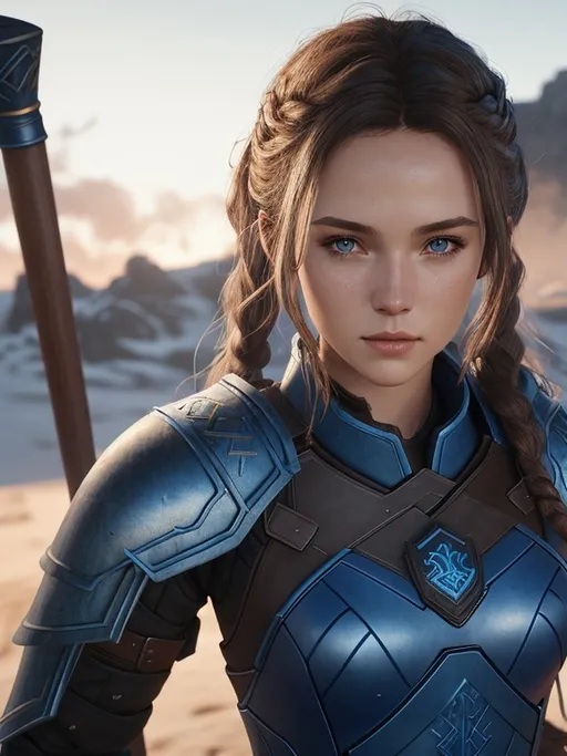 Prompt: Digital art, 18-year-old viking woman, blue gear, blue clothes, dark blue armor, brunette hair, two braids behind her back, dark brown eyes, unreal engine 8k octane, 3d lighting, full body, full armor