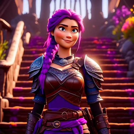 Prompt: <mymodel>CGI Animation, digital art, 20-year-old-old viking woman with light blue eyes, standing on the stairs in her house, purple hair with purple strands, single braid down her shoulder with a tiara, subtle smile, unreal engine 8k octane, 3d lighting, close up camera shot on the face, full armor