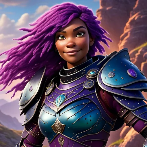 Prompt: a photo of <mymodel>, a caucasian viking female with purple hair and purple gear and armor with bursts of blue textures