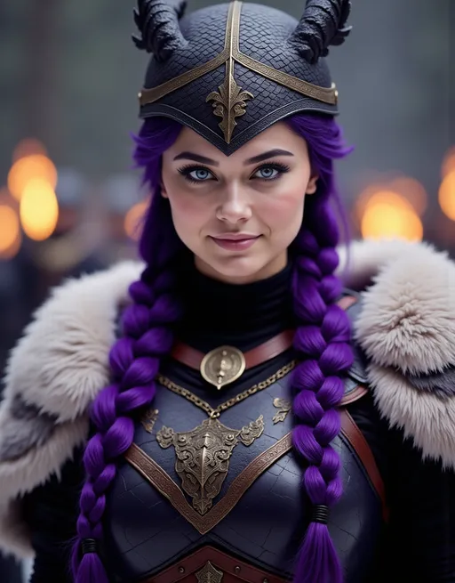 Prompt: @pPnVxWGy97w3Vtk0Z9dB CGI Animation, digital art, 20-year-old-old viking woman with light blue eyes and purple hair, intensely looking over battle orders with her troops, black dragon scale helmet covering face, armory lit with torches, black clothes, black dragon scaled colored armor, purple hair, single braid down her shoulder with a gold tiara, subtle smile, unreal engine 8k octane, 3d lighting, close up camera shot on the face, full armor