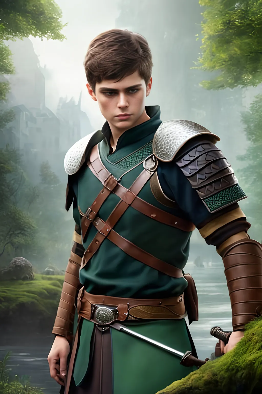 Prompt: he has short brown hair, create most handsome fictional male viking warrior, short brown hair, light green eyes, extremely detailed environment, detailed background, intricate, detailed skin, professionally color graded, photorealism, 16k, moody lighting