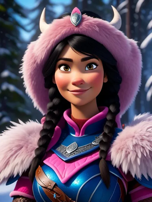 Prompt: <mymodel>CGI Animation, close-up portrait of the face, 20-year-old-old viking woman of royalty standing in the forest, a snowy scene, {{pink gear, blue armor}}, black hair, straight hair with a tiara, subtle smile, unreal engine 8k octane, 3d lighting, close up camera shot on the face, full armor