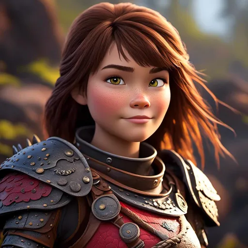 Prompt: <mymodel>CGI Animation of a viking female, brown hair in her face, hazel eyes, bright red gear and light armor, yellow highlights and textures, full light body armor, she has heavy gauntlets on her hands with armored gloves, standing in a viking village, intricate details, high quality, digital painting, cool tones, dramatic lighting