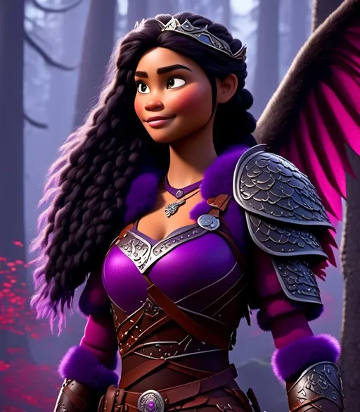 Prompt: <mymodel>CGI Animation, digital art, 20-year-old-old viking woman of royalty standing in a dimly lit thick forest with trees everywhere, dense fog, light blue eyes, {{black gear, purple armor}}, purple hair, single braid down her shoulder with a tiara, subtle smile, a black dragon with metal scales is standing next to the viking, light blue eyes, unreal engine 8k octane, 3d lighting, close up camera shot on the face, full armor