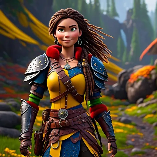 Prompt: <mymodel>CGI Animation, 20-year-old-old pirate woman, a rainy scene, {{yellow gear, blue armor}}, brunette hair, dreadlocks, subtle smile, beads hair, small red earrings, multiple braids, yellow gear, straight hair, green eyes, bracelets, rings on fingers, mercenary gear, unreal engine 8k octane, 3d lighting, full body, full armor