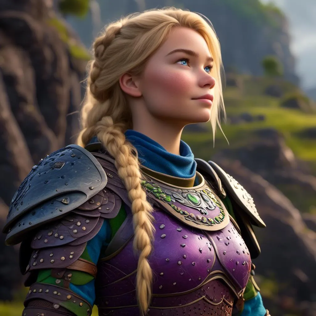 Prompt: <mymodel>CGI Animation of female viking, blonde straight hair a hairband, blue eyes, bright purple and green armor, yellow highlights dor gear and textures, full light body armor, standing in a viking village, intricate details, high quality, digital painting, cool tones, dramatic lighting