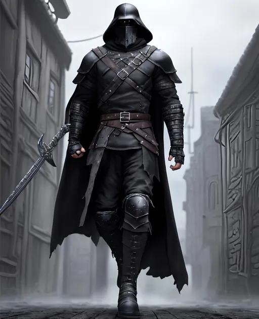 Prompt: Digital Art, a sinister viking man, black armor, a long black cloak down to the feet, an armored mask, black gear, a black helmet fully covering his face, with a black ponytail coming from the helmet, black bracers, black pants, black boots, unreal engine 16k octane, 3d lightning