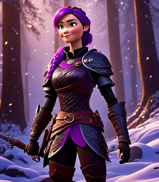 Prompt: <mymodel>CGI Animation, digital art, 20-year-old-old viking woman of royalty standing in a dimly lit thick forest with trees everywhere, dense fog, light blue eyes, {{black gear, purple armor}}, purple hair, single braid down her shoulder with a tiara, subtle smile, black dragon with metal scales, light blue eyes, unreal engine 8k octane, 3d lighting, close up camera shot on the face, full armor