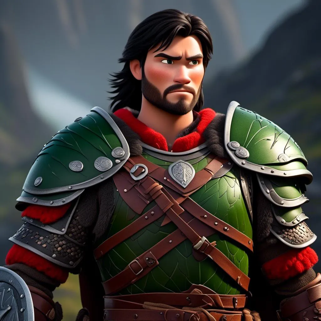 Prompt: <mymodel>Animated CGI style of a fierce Viking male about 25 years old, black hair, detailed facial features, leather armor {{((red))}} and green armor, battle axe and shield, intense and determined expression, dynamic and powerful pose, high definition, CGI, detailed armor, fierce female, Nordic designs, battle-ready, dynamic pose, professional lighting