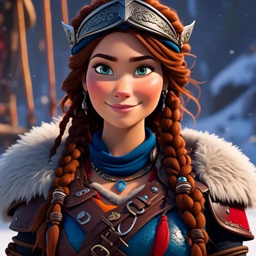 Prompt: <mymodel>CGI Animation, 20-year-old-old pirate woman, a snowy scene, {{brown gear, silver armor}}, brunette hair, dreadlocks, subtle smile, beads hair, small red earrings, multiple braids, straight hair, blue eyes, bracelets, rings on fingers, mercenary gear, unreal engine 8k octane, 3d lighting, full body, full armor