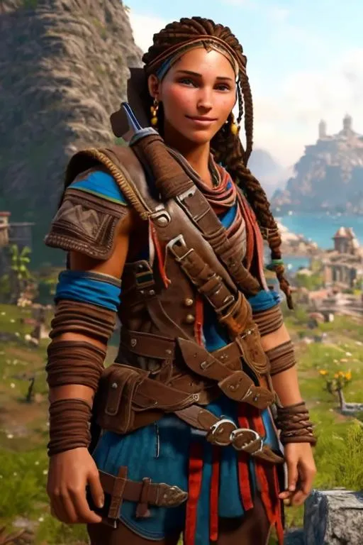 Prompt: Digital Art, 20-year-old pirate woman, red bandana around hair above forehead, muscular build, brown gear, brown pants, assassin's creed Odyssey armor, jeweled hair band, brunette hair, dreadlocks, subtle smile, beads hair, small red earrings, multiple braids, straight hair, blue eyes, bracelets, rings on fingers, mercenary gear, unreal engine 8k octane, 3d lighting, full body, full armor