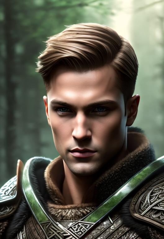 Prompt: he has short brown comb over hair, create most handsome fictional male prince viking warrior, short brown hair, light green eyes, extremely detailed environment, detailed background, intricate, detailed skin, professionally color graded, photorealism, 8k, moody lighting