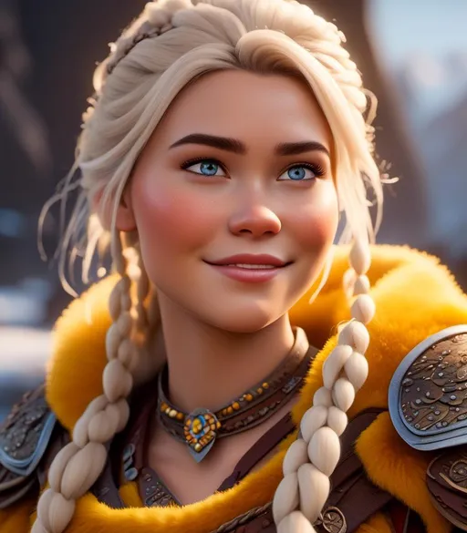 Prompt: <mymodel>CGI Animation, digital art, 20-year-old-old viking woman with light blue eyes, yellow clothes, gold colored armor, white hair, double braids down her shoulders with a tiara, subtle smile, unreal engine 8k octane, 3d lighting, close up camera shot on the face, full armor