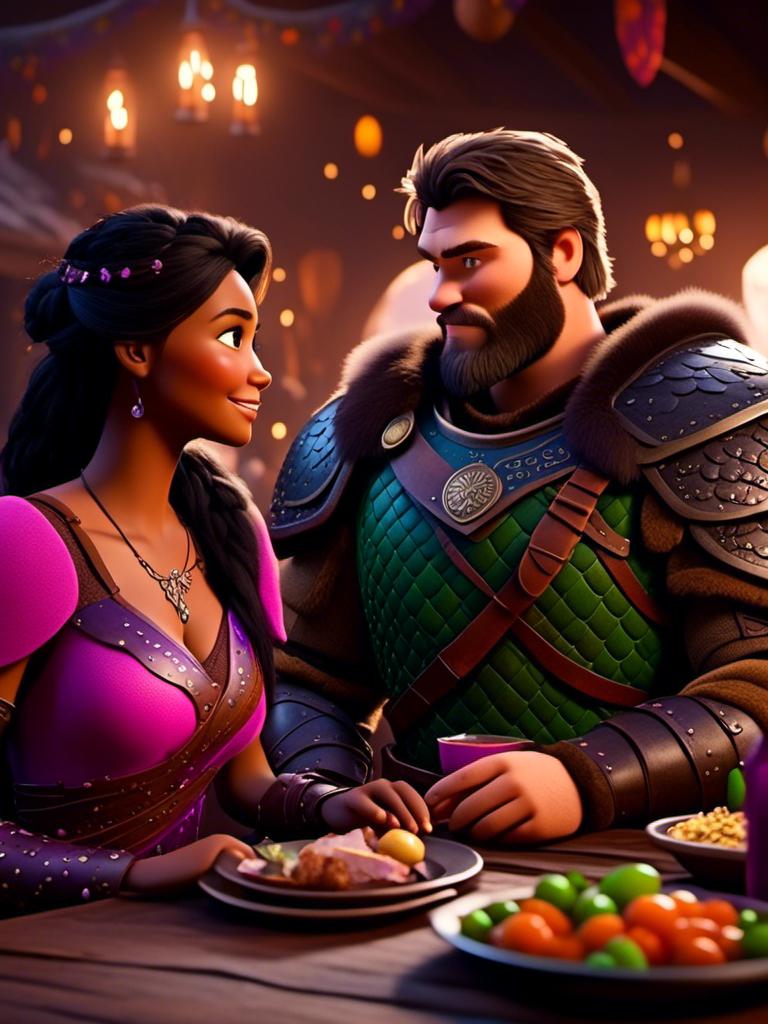 Prompt: <mymodel>CGI Animation, digital art, 20-year-old-old viking woman of royalty standing a busy tavern having a meal with her husband Jarl with green and brown armor, {{the woman has pink gear, purple armor}}, black hair, straight hair with a tiara, subtle smile, unreal engine 8k octane, 3d lighting, close up camera shot on the face, full armor