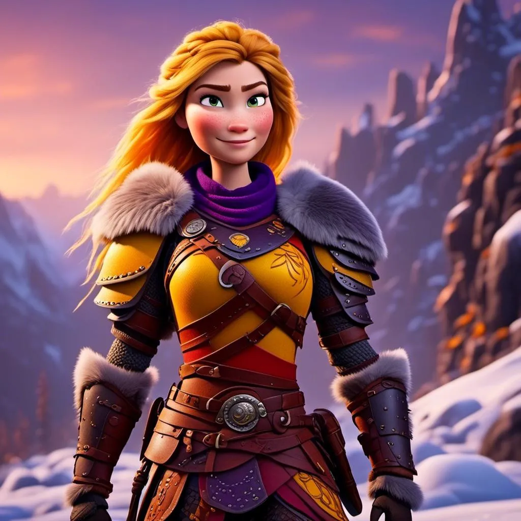 Prompt: <mymodel>CGi Animation, 25-year-old viking woman warrior with yellow eyes, a snowy scene, the viking woman has a subtle smile, hazel color hair, she has red gear, orange armor with bursts of purple textured splotches, black pants, black boots