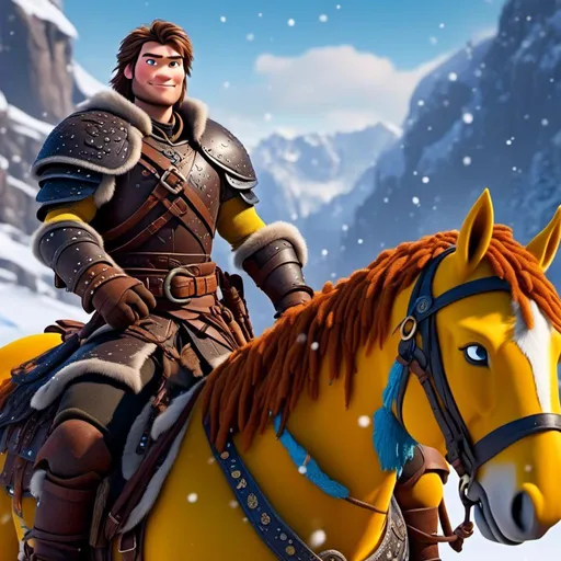 Prompt: <mymodel>CGI Animation, 20-year-old pirate man, rides a yellow horse through the snowy, a snowy scene, {{brown gear, silver armor}}, brunette hair, dreadlocks, subtle smile, beads hair, multiple braids, straight hair, blue eyes, bracelets, rings on fingers, mercenary gear, unreal engine 8k octane, 3d lighting, full body, full armor