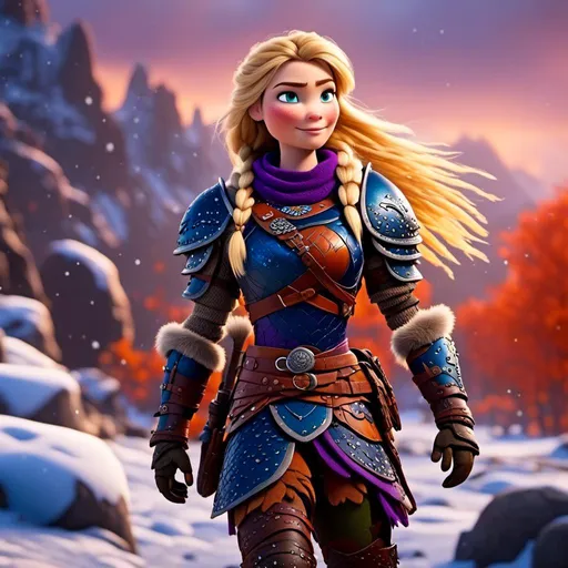 Prompt: <mymodel>CGi Animation, 25-year-old viking woman warrior with blue eyes, a snowy scene, the viking woman has a subtle smile, blonde hair, straight hair, she has red gear, orange armor with bursts of purple textured splotches, black pants, black boots