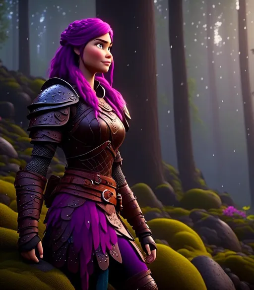 Prompt: <mymodel>CGI Animation, digital art, 20-year-old-old viking woman with light blue eyes, it is raining, she is of royalty standing at night next to a tree with her hands resting on the bark, she is in a dimly lit thick forest with trees everywhere, dense fog, {{black gear, purple armor}}, purple hair, single braid down her shoulder with a tiara, subtle smile, unreal engine 8k octane, 3d lighting, close up camera shot on the face, full armor