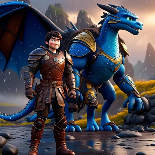Prompt: <mymodel>CGi Animation, 20-year-old viking man with blue eyes, a rainy scene, the viking man has a subtle smile, black hair, he has blue gear, gold armor, black pants, black boots, he is standing next to a bright blue dragon with gold highlights, they are both in the rain, 