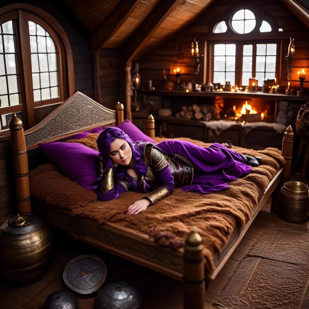 Prompt: Photo of <mymodel> lying down on her bed in her viking house