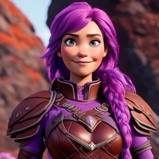 Prompt: <mymodel>CGi Animation, 20-year-old viking woman with one hair braid, caucasian, subtle smile, purple hair, light blue eyes, {{purple gear, purple armor}}, silver textures and highlights, unreal engine 8k octane, 3d lighting, full body, full armor