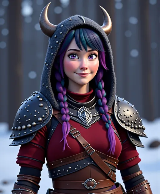 Prompt: <mymodel>CGI Animation, digital art, 20-year-old-old viking woman with violet eyes, Dark red Long sleeve shirt, skirt with dragon teeth on it, wears the snow wraith hood, ((dark dark blue hair with teal, pink and purple streaks)), standing snowy forest, subtle smile, unreal engine 8k octane, 3d lighting, close up camera shot on the face, full armor