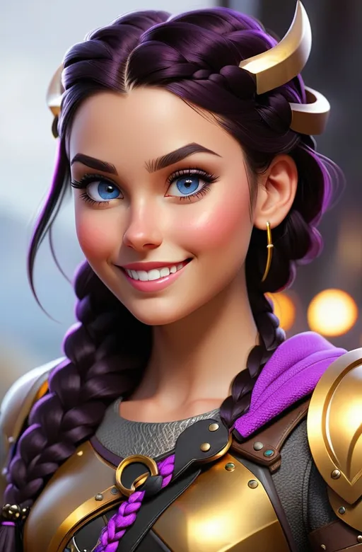 Prompt: Digital art, bright colors, subtle smile, 23-year-old woman viking, dark purple hair, one braid, light blue eyes, cut over left eye to on cheekbone, black gear, gold armor, unreal engine 8k octane, 3d lighting, full body, full armor