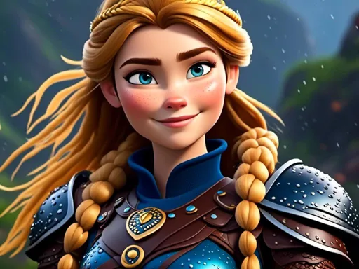 Prompt: <mymodel>CGi Animation, 20-year-old viking woman with blue eyes, ((she is wearing a royal tiara)), a rainy scene, the viking woman has a subtle smile with it pouring down rain, blonde hair in a ponytail style, she has blue gear, gold armor, black pants, black boots