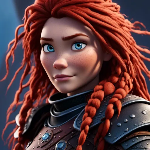 Prompt: <mymodel>CGI Animation of a viking middle-aged woman, red hair with braids and dreadlocks, blue eyes, all black gear and armor, leather highlights and textures, dragon scale textures and armor, intricate details, high quality, digital painting, cool tones, dramatic lighting