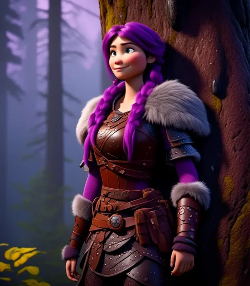 Prompt: <mymodel>CGI Animation, digital art, 20-year-old-old viking woman of royalty standing next to a tree with her hands resting on the bark, she is in a dimly lit thick forest with trees everywhere, dense fog, light blue eyes, {{black gear, purple armor}}, purple hair, single braid down her shoulder with a tiara, subtle smile, unreal engine 8k octane, 3d lighting, close up camera shot on the face, full armor