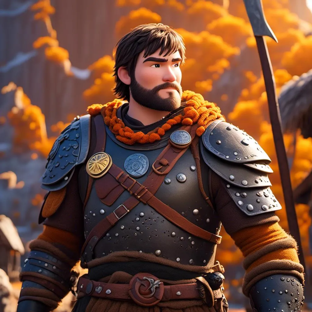 Prompt: <mymodel>CGI Animation of a viking male, light and small body build, young looks, black short wavy hair, brown eyes, bright orange simple gear, yellow highlights and textures, full body picture, standing in a viking village, intricate details, high quality, digital painting, bright energetic tones, dramatic lighting