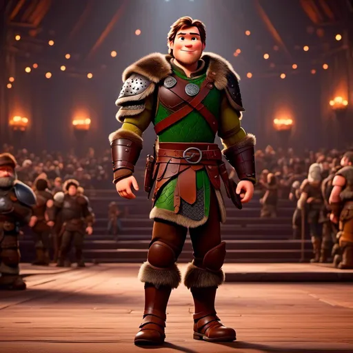 Prompt: <mymodel> viking man, lawyer, thin, small stature, standing in The Great Hall, medium length brown hair, brown eyes, no armor, European-like brown gear, brown leather vest, long sleeve green shirt underneath the brown leather vest, black highlights on his clothes, brown pants, brown boots, historical, strong and natural lighting