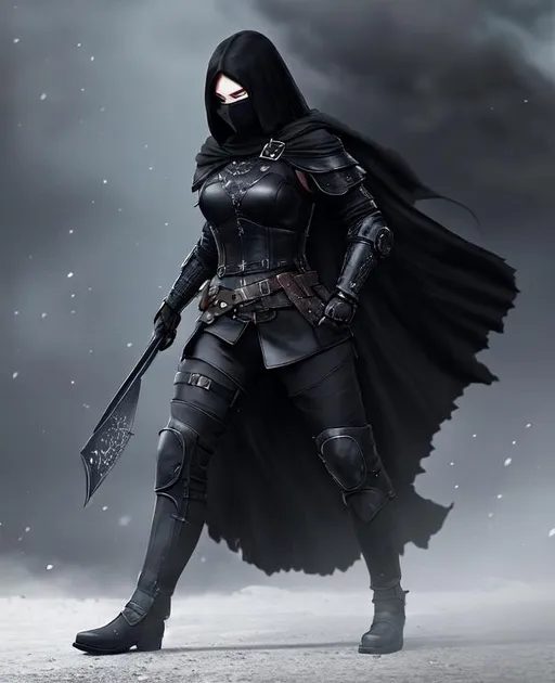 Prompt: Digital Art, a sinister viking woman, black armor, black gear, a black helmet fully covering her face, with a black ponytail coming from the helmet, a long black cloak, black bracers, black pants, black boots, unreal engine 16k octane, 3d lightning