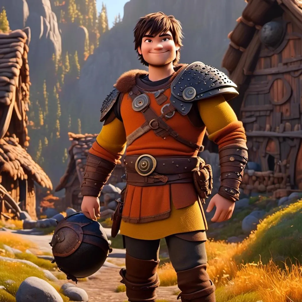 Prompt: <mymodel>CGI Animation of a viking male, light and small body build, young looks, black short spiky hair, brown eyes, bright orange simple gear, yellow highlights and textures, full body picture, standing in a viking village, intricate details, high quality, digital painting, bright energetic tones, dramatic lighting