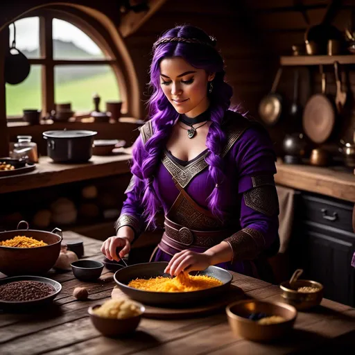 Prompt: Photo of <mymodel> working in the kitchen preparing food in her viking house