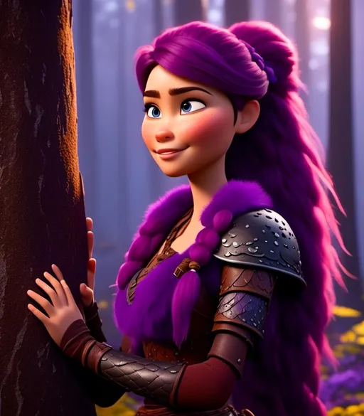 Prompt: <mymodel>CGI Animation, digital art, 20-year-old-old viking woman of royalty standing next to a tree with her hands resting on the bark, she is in a dimly lit thick forest with trees everywhere, dense fog, light blue eyes, {{black gear, purple armor}}, purple hair, single braid down her shoulder with a tiara, subtle smile, unreal engine 8k octane, 3d lighting, close up camera shot on the face, full armor