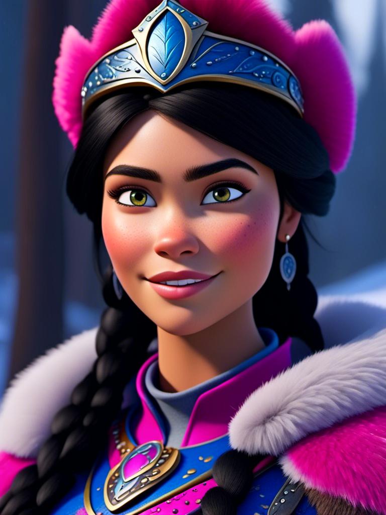 Prompt: <mymodel>CGI Animation, close-up portrait of the face, 20-year-old-old viking woman of royalty standing in the forest, a snowy scene, {{pink gear, blue armor}}, black hair, straight hair with a tiara, subtle smile, unreal engine 8k octane, 3d lighting, close up camera shot on the face, full armor