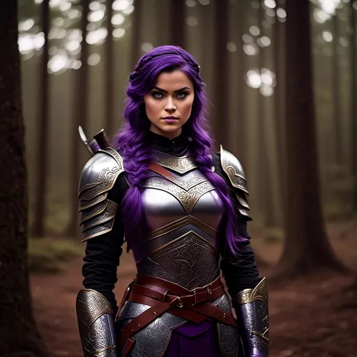 Prompt: Photo of <mymodel> with an angry look with her sword, she is standing in the forest