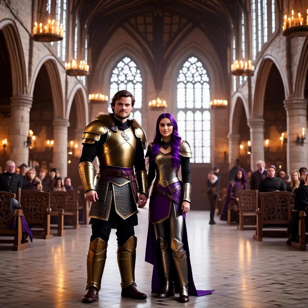 Prompt: Photo of <mymodel> standing in The Great Hall from How to Train Your Dragon with her husband Jarl Everson who is 24-years old who has brown (((short))) wavy hair