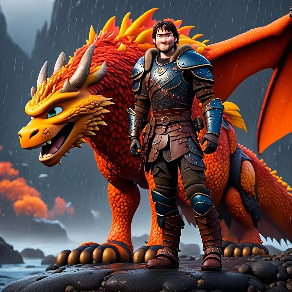 Prompt: <mymodel>CGi Animation, 20-year-old viking man with blue eyes, a rainy scene, the viking man has a subtle smile, black hair, he has orange gear, yellow armor with bursts of red splotches, black pants, black boots, he is standing next to a bright orange dragon with gold highlights, they are both in the rain